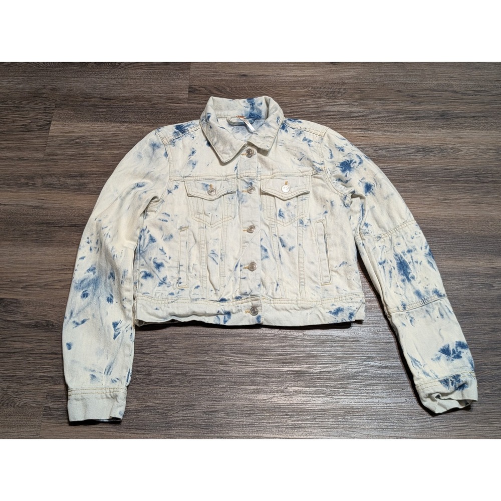 Free People XS Blue White Tie Dye Cropped Denim Trucker Jacket Acid Wash‎ Boho